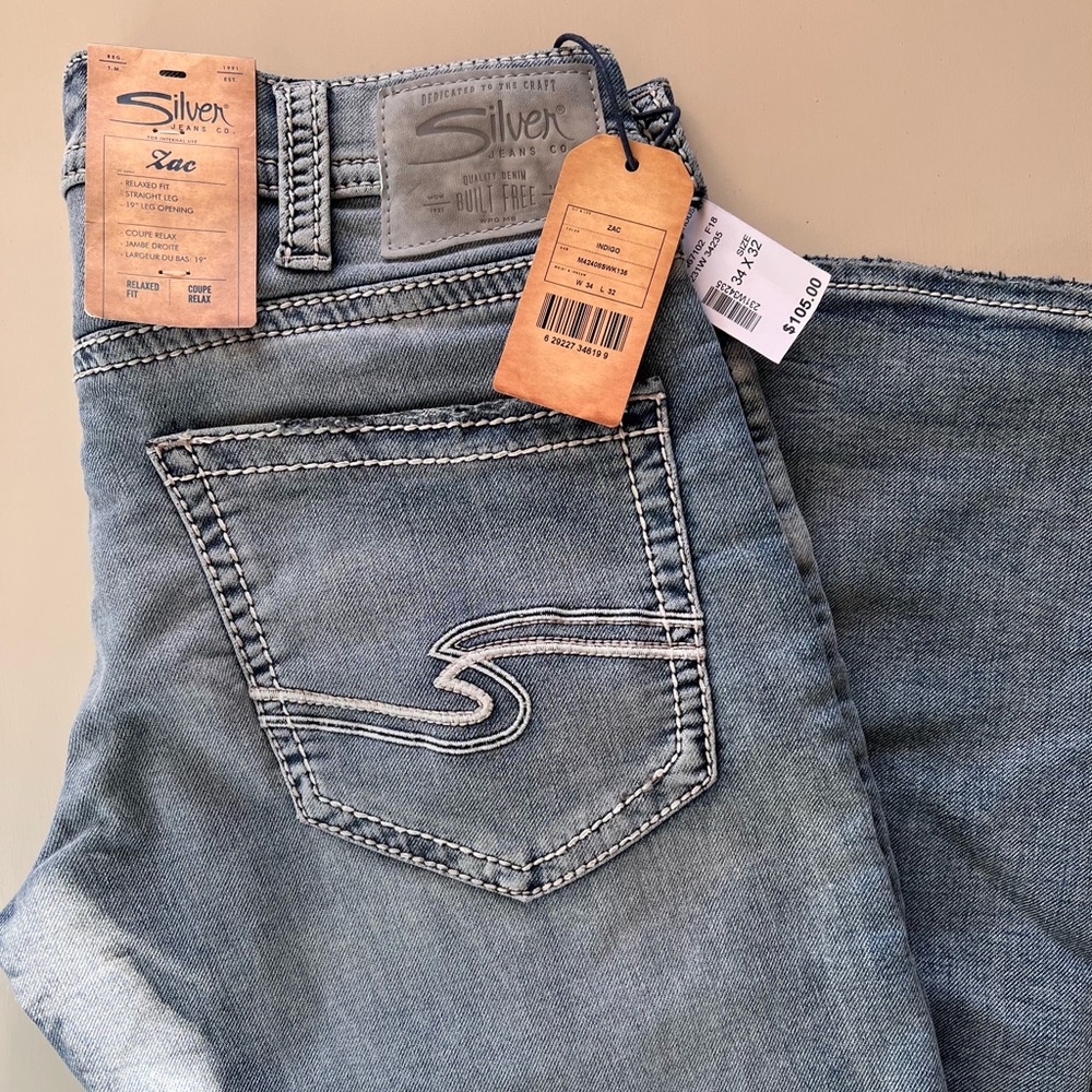 NEW SILVER Jeans "Zac" Relaxed Straight Leg Mens Light Wash Size 34 X 32 NWT
